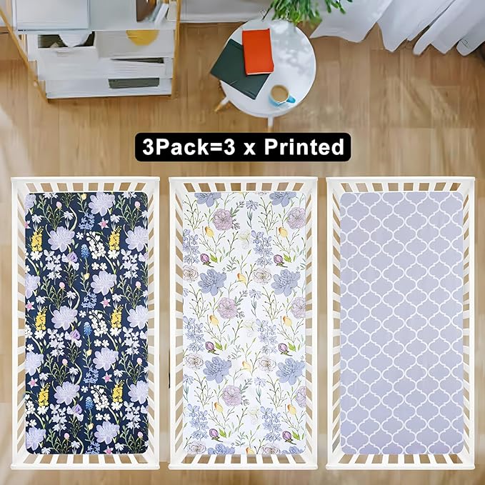 AMROSE 3 Pack Soft Floral Crib Sheets for Baby Girls, 28'' X 52'' Fitted Crib Sheets for Crib and Toddler Mattress Pad, Silk Touch Gentle Breathable Microfiber, Violet