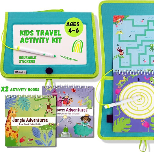 Totebook Kids Travel Educational Activity Book with Washable Markers - Car and Airplane Activities, Learning Toys for Toddlers- Reusable Stickers for Ages 4, 5, 6 (Jungle & Extra Princess Book)