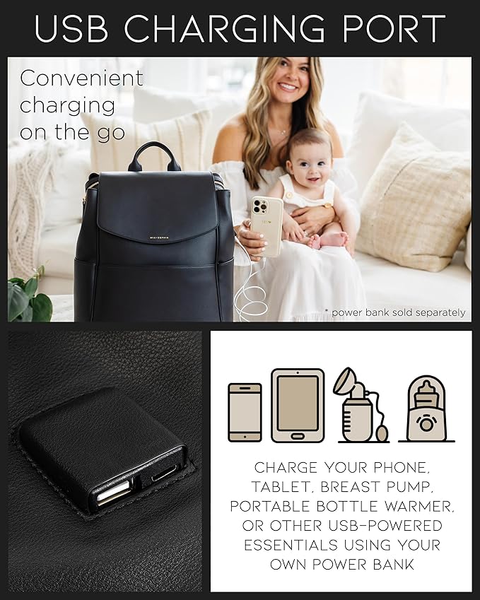 MIA + SOPHIA Leather Diaper Bag Backpack with USB Charging port, Changing Pad, Stroller Straps, and Bottle Holder (Black Olivia)