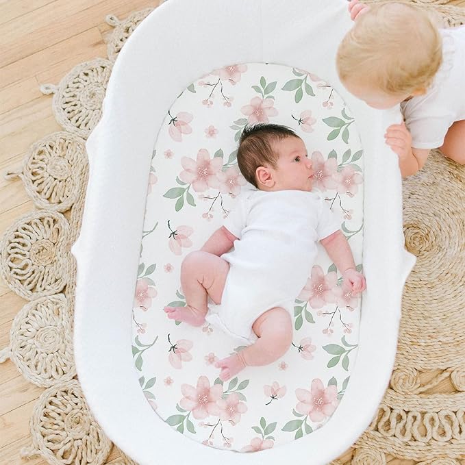Stretch Fitted Bassinet Sheet Set BROLEX 2 Pack Cradle Sheets for Bassinet Pad/Mattress,Unisex Boys Girls,Ultra Soft,Pink Blossom