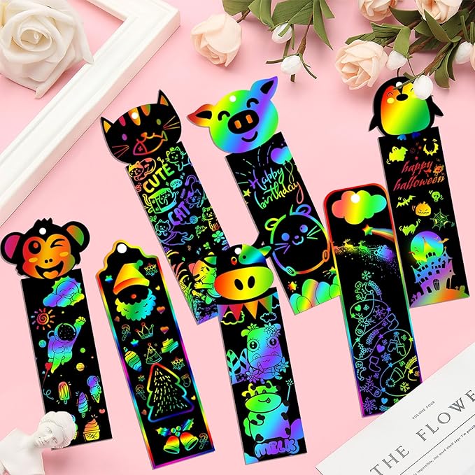 100 Sets Scratch Art Bookmarks Making Kit, DIY Crafts Animal Bookmarks for Kids with 100 Ribbons and 100 Wood Stylus for Boys Girls Classroom Activities Birthday Party Favors, 13 Styles(B)