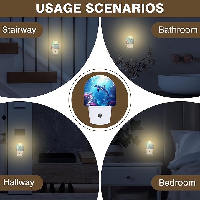 Night Light, Underwater World and Dolphin Night Lights Plug into Wall Dusk to Dawn Sensor Round Nightlight for Women Men Energy Efficient Led Lamp 0.5W for Stairway Hallway Bedroom