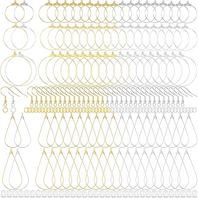 Pndeyo 700pcs Hypoallergenic Earring Making Accessories, Teardrop Round Hoop Earrings Findings Earring Hooks, Clear Rubber Earring Backs & Jump Rings for Jewelry Making- Silver & Gold