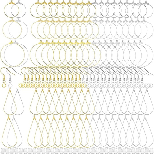 Pndeyo 700pcs Hypoallergenic Earring Making Accessories, Teardrop Round Hoop Earrings Findings Earring Hooks, Clear Rubber Earring Backs & Jump Rings for Jewelry Making- Silver & Gold