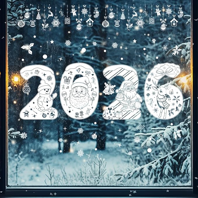 Christmas 2026 Cute Number Window Clings for Glass Windows,5 Sheets Static Christmas Window Decorations Xmas Holiday White Snowman Santa Window Stickers Decals for Party Home Winter Indoor Decor