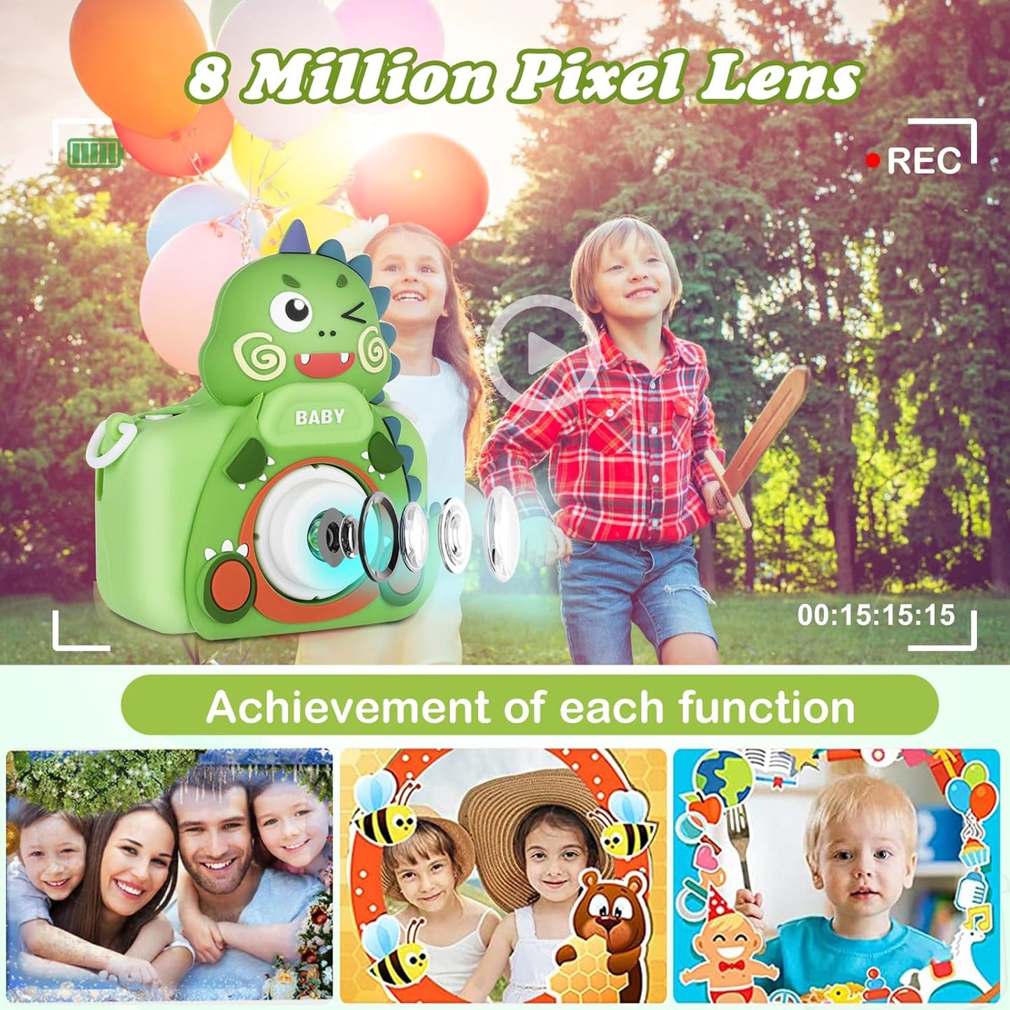 Kids Camera,HD Digital Video Camera,Childrens Toys for 3 4 5 6 7 8 9 Year Old Boys/Girls,Selfie Camera for Kids,Christmas Birthday Gifts with 32GB SD Card (Dinosaur Green)