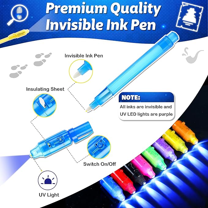 Joycover 24 PCS Invisible Ink Pen with UV Light for Kids, Spy Pens and Notebook，Birthday Party Favors for Kids 4-8, School Prize Goodie Bag Stuffers, UV Pen for Secret Message Escape Room