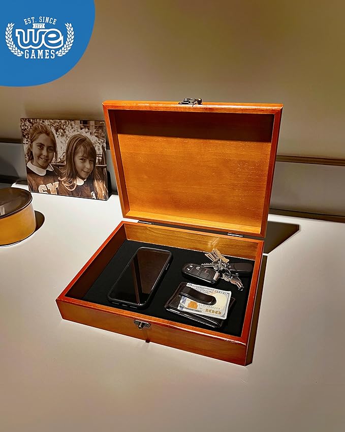 WE Games Wooden Memory Box for Keepsakes – Vintage Decorative Storage Box with Lid - Light Cherry Finish with Engraving