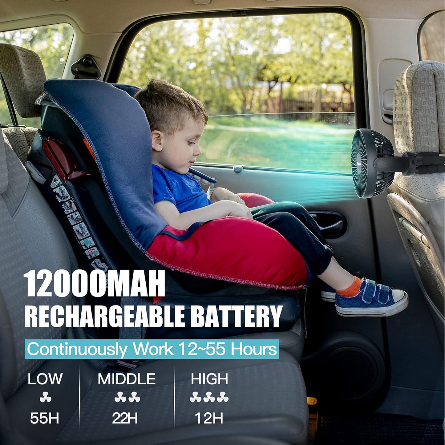 FRIZCOL Portable Stroller Fan, Use As Power Bank, 65H 12000mAh Battery Operated Fan Flexible Tripod Baby Car Seat Fans with Timming, Personal Mini Handheld/Desk/Small Clip On Fans For Stroller