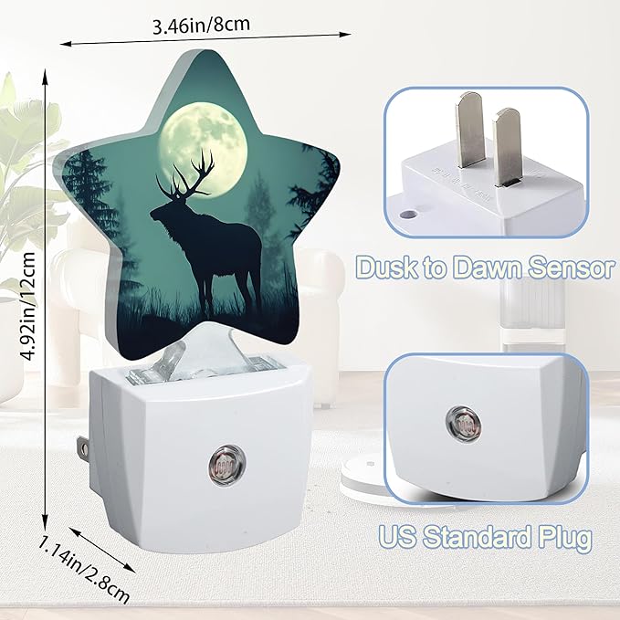 Night Light,Forest Deer Plug into Wall with Dusk to Dawn Light Sensors,Moon Misty Mountains Warm Star Nightlights for Bedroom,Bathroom,Hallway,Kitchen Home Decor Desk Lamp