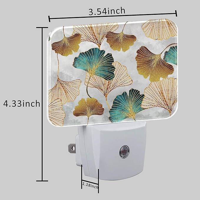 Luxurious Golden Ginkgo Leaves Night Light Plug into Wall, Green Ginkgo Night Light with Dusk to Dawn Sensor for Kid Girls Boys Women Men Bedroom, Hallway, Kitchen, Bathroom, Stairs Decor