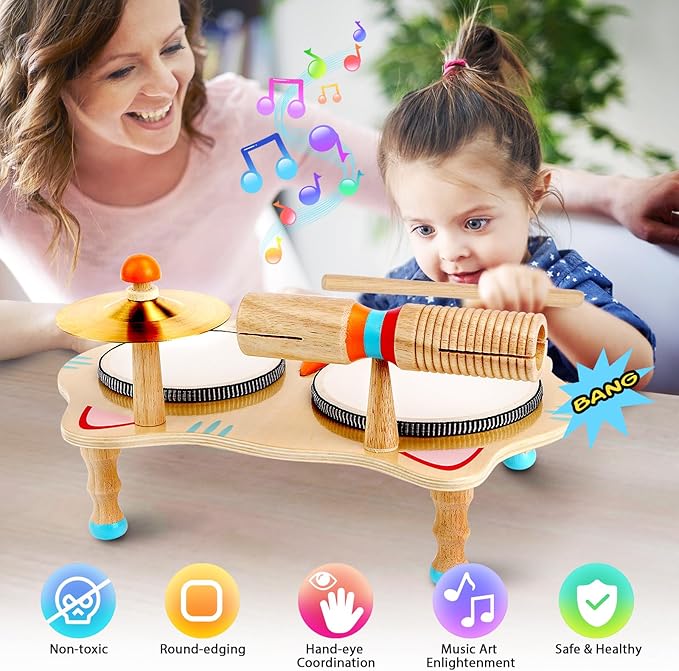WINGYZ Kids Drum Set – 6-in-1 Wooden Musical Instruments for Toddlers 1–3, Montessori Baby Music Set with Drums, Cymbal & Tone Block, FSC-Certified Cat Design Table for Home & Classroom Learning Gift