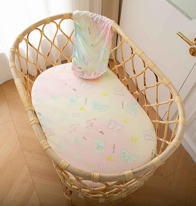 SDY Butterfly Bassinet Sheets Set 2 Pack for Boys Girls，Elastic Travel Crib Fashionable Floral Pattern, Standard Cradle Safe Sheets Set 32 * 16 * 4 inches (Butterfly)