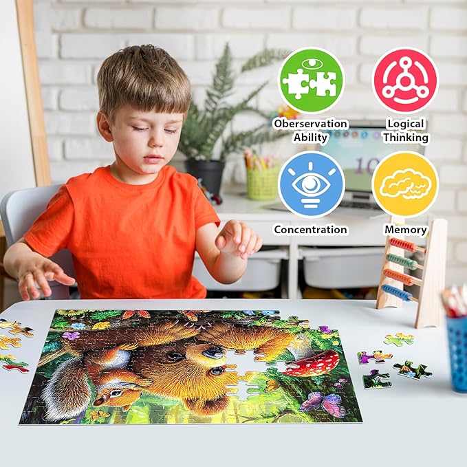Jeaiciro 100 Piece Puzzles for Kids Ages 4-6 6-8, Bear & Squirrel Themed Jigsaw Puzzle for Adults Kid Seniors, Kids Puzzles Ages 5-8 Educational Toy for Boys and Girls Family Fun Gift for Children