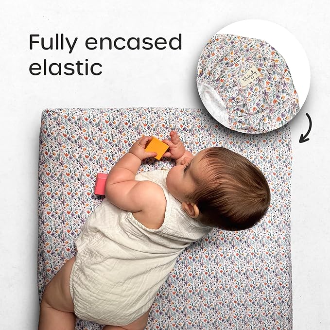 Quiggly Bassinet Sheets for Guava Lotus, 2 Pack Organic Cotton Jersey Knit, Vibrant Floral Patterns - Fits Travel Crib Mattresses for Boys & Girls (Bassinet, Wildflower Dreamin')