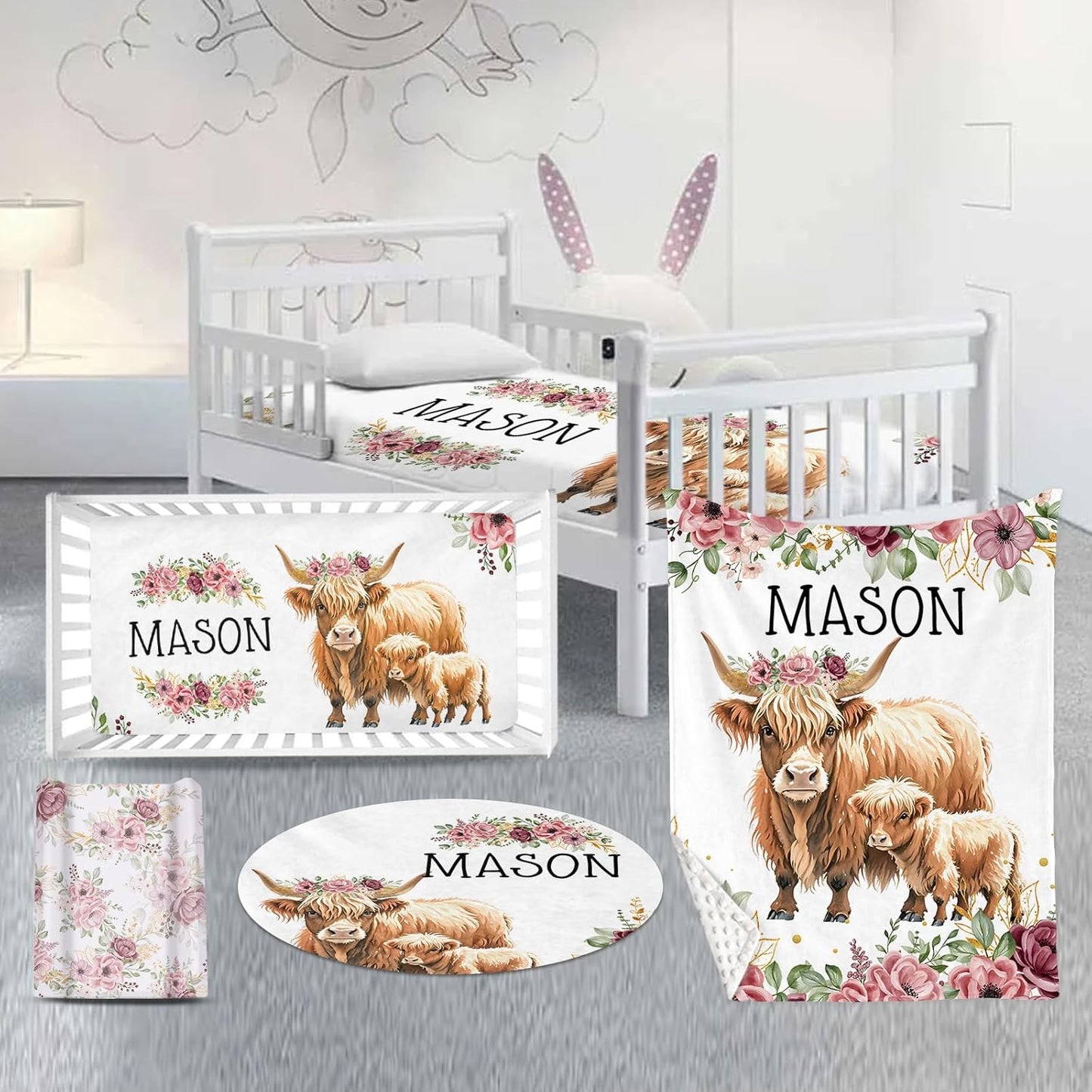 Custom Nursery Crib Bedding Set: Personalized Name 4 Piece Flower Highland Cow Design Baby Crib Sets for Baby Girls - Toddler Double Layer Blanket Set, Comfortable Crib Bed Sheets for Baby Toddlers