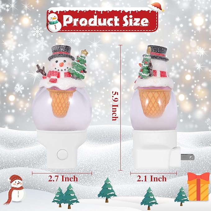 2 Pack Christmas Night Light Plug into Wall Glitter Water Nightlight with USB/Outlet Options, Christmas Snowman Ice Cream Decorative Nightlight for Holiday Decorations Gifts (Snowman Ice Cream)
