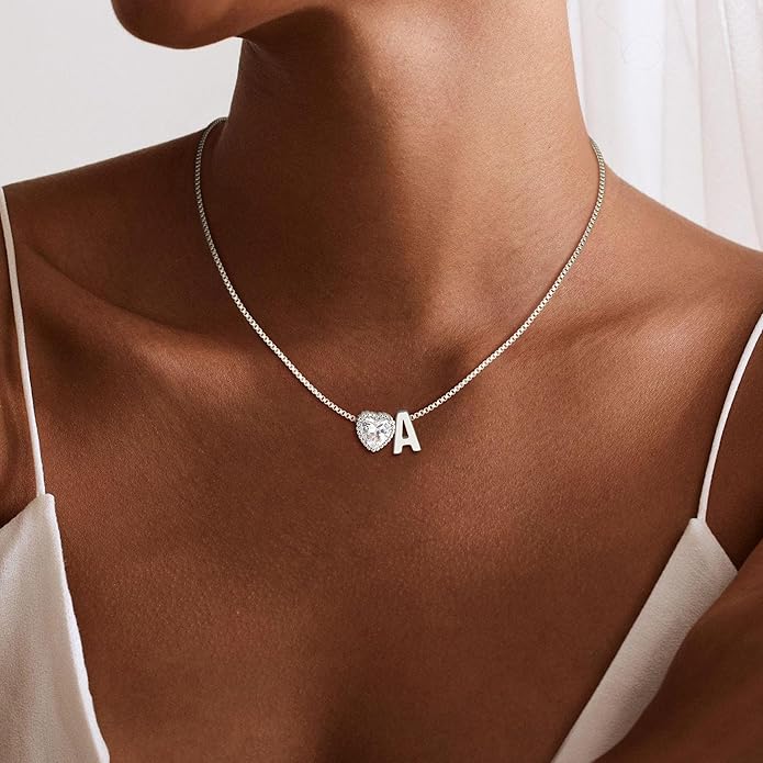 Christmas Gifts Gold/Silver Heart Initial Necklaces for Women Girls Teens Kids Non Tarnish 14k Gold Plated Letter Heart Zirconia Pendant Necklace Dainty Initial Name Necklace Jewelry for Women