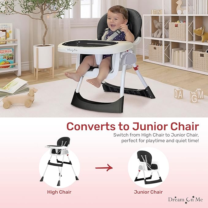 Dream On Me TableTalk 2-in-1 Portable High Chair in Black, Compact Adjustable Feeding Chair, Easy Clean Tray, Converts to Toddler Seat, Safety Harness, Self-Standing Fold