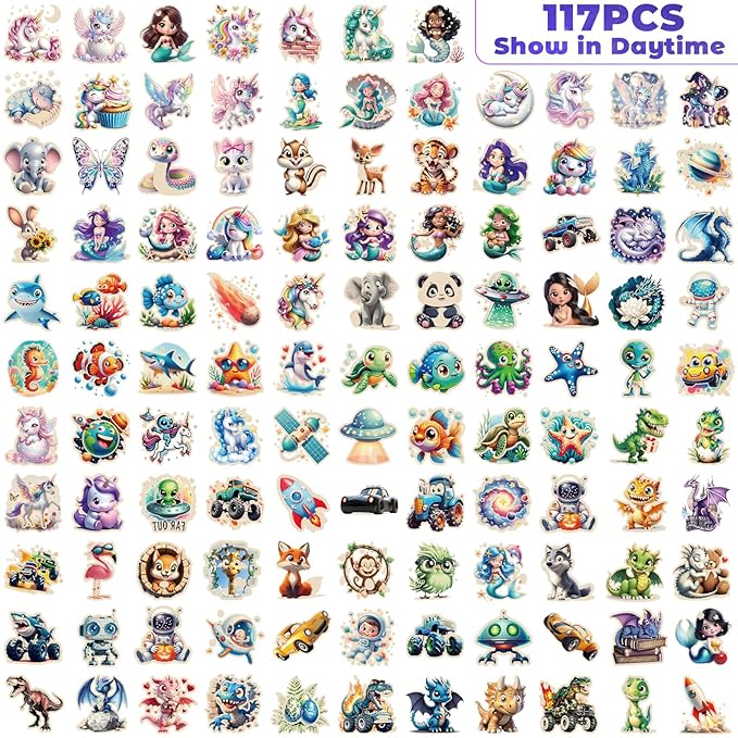 117 PCS Luminous Animals Temporary Tattoos for Kids, Glow Dinosaur Panda Elephant Rabbit Mermaid Dolphin Shark Fish Temporary Tattoos for Fastival Stuffers & Birthday Party Favors