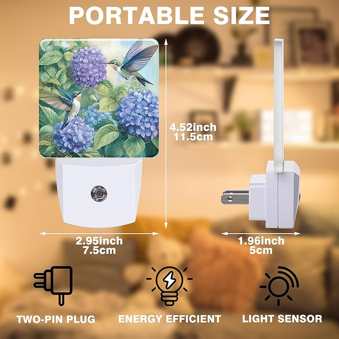 Night Light Hummingbird and Hydrangea Night Lights Plug into Wall Smart Dusk to Dawn Sensor 0.5W Energy Efficient Led Lamp for Men Women Bedroom Bathroom Hallway Stairway Decor