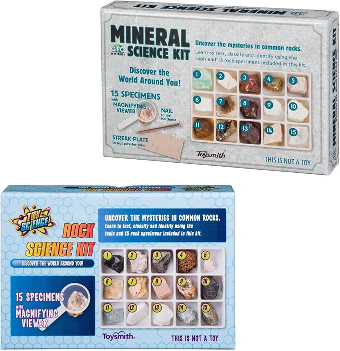 Toysmith STEM Rock & Mineral Science Kit for Kids – 30 Geology Specimens with Magnifying Viewer, Identification Guide & Testing Tools – Educational Toy for Young Geologists, Ages 8+