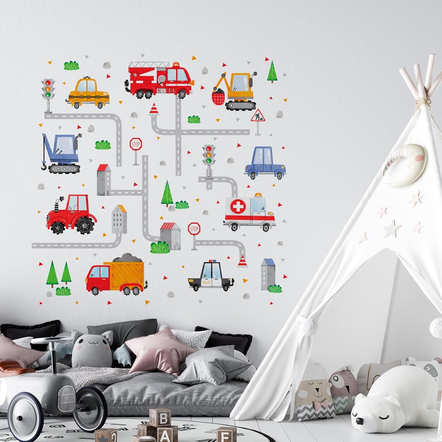 Car Wall Decals by Lipastick - Peel and Stick Transport Road Trucks Stickers for Boys Room, Toddler Bedroom, Baby Nursery, Kids Playroom, Living Room- Removable Decor - M Size