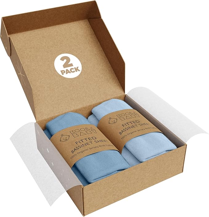 Bassinet Fitted Sheets - Compatible with 4moms MamaRoo Sleep Bassinet | 100% Organic Jersey Cotton - Light Blue + Dark Blue | 30x18 (2 Pack)