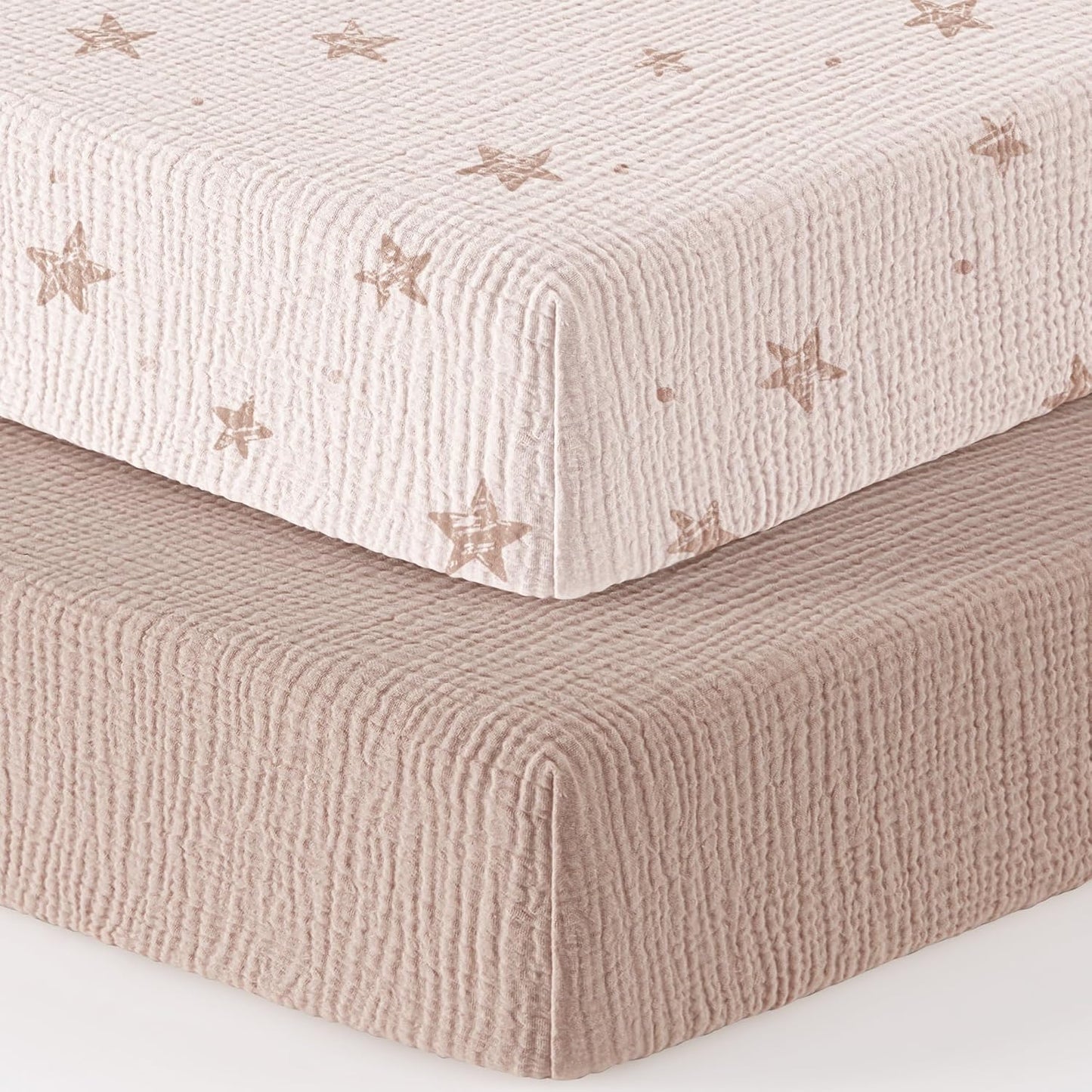 Bearmoss Muslin Mini Crib Sheets for Pack N Play Mattress - 100% Cotton - 38"x24" Soft Breathable Playard Baby Crib Sheets Neutral for Boys Girls - 2 Pack (Pink Star)