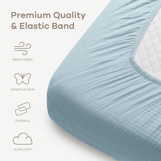 Comfy Cubs 100% Muslin Cotton Fitted Crib Sheet - Soft, Standard & Breathable Crib Sheets for Toddler Mattress - Snug Fit, Secure Elastic with Beautiful Packaging for Boys & Girls - Sky Blue