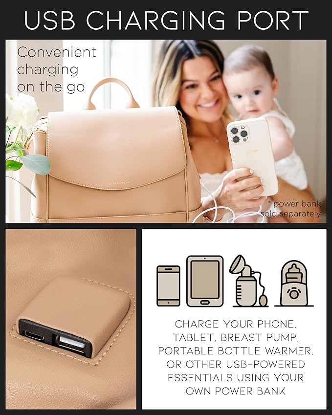 MIA + SOPHIA Leather Diaper Bag Backpack with USB Charging port, Changing Pad, Stroller Straps, and Bottle Holder (Brown Olivia)