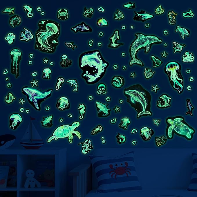 Fantasy Ocean Fish Wall Decals Glow in The Dark, Colorful Neon Ocean Animal Wall Stickers for Kids, Waterproof Vinyl Sea Creature Stickers, Ceiling Walls Room Bathroom Bedroom