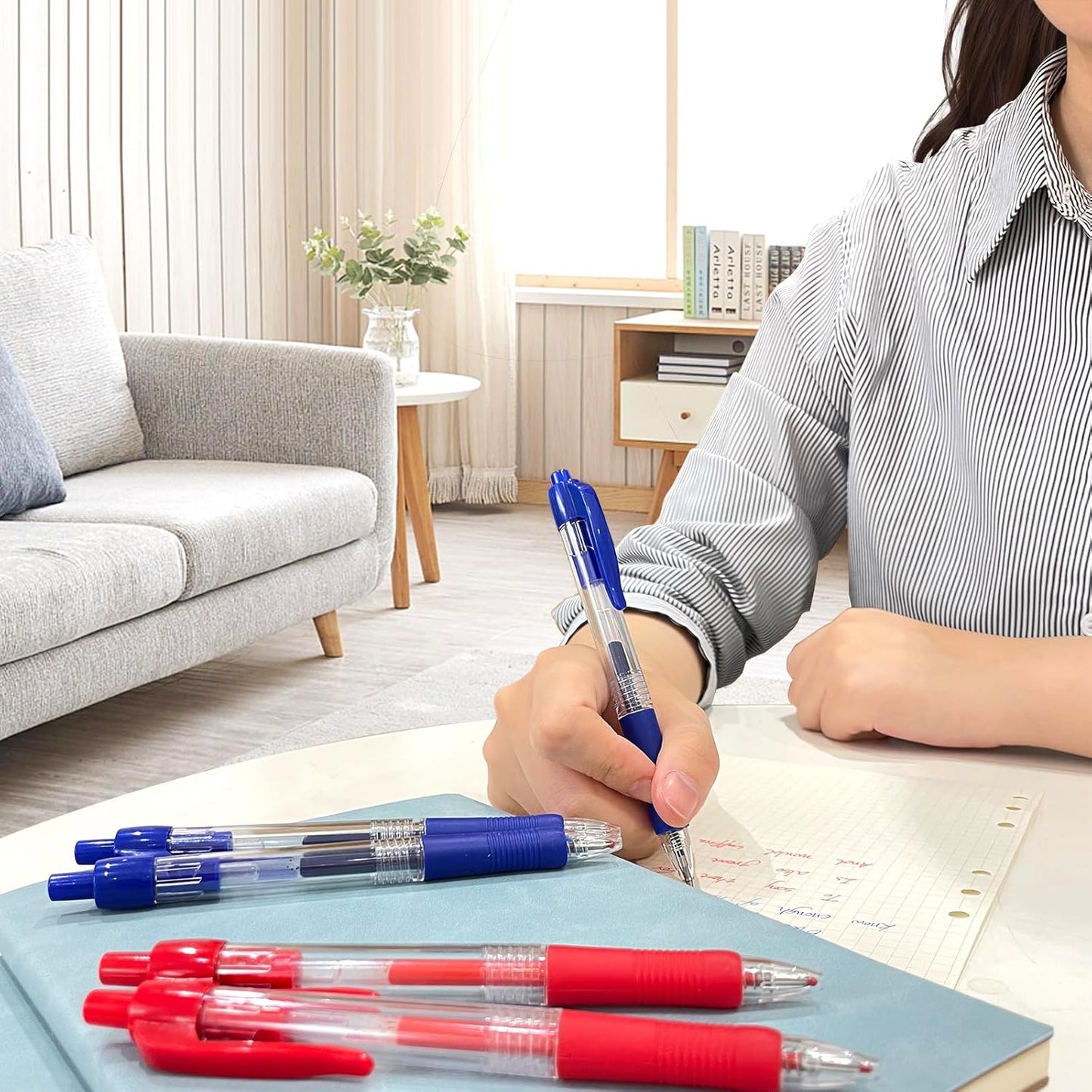 Blue Ballpoint Pens for School Office with Rubber Grip，Fine(0.5mm) Point Retractable-Set of 12 Writing Pens