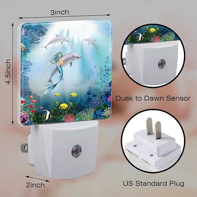 Cute Dolphins with Mermaid Night Light, Underwater World Marine Fish Corals Dusk to Dawn Night Light Plug in,0.5w Energy Saving Sleep Friendly NightLight for Kids Boys Girls Home Decor