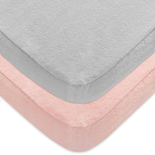 Pack and Play Sheets 2 Pack, 100% Cotton Flannel, Fitted Portable Mini Crib Sheet for Girls Boys, Ultra Soft Breathable Convertible Playard Mattress Cover Warm, Grey&Pink