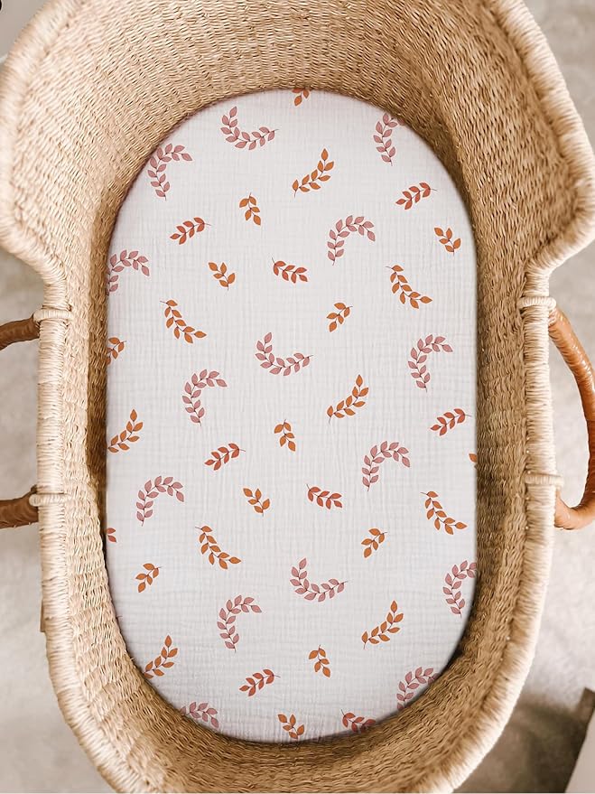 Bassinet Sheet for Baby Boy and Girl, Fitted Sheets for Rectangle, Oval, Hourglass Bassinet Mattress, Muslin Moses Basket Sheets with Neutral Style (Leaf)