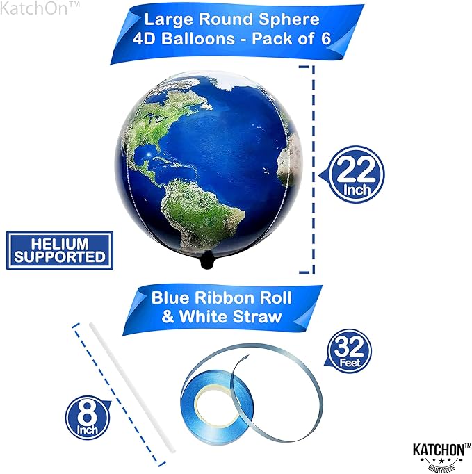 KatchOn, Large Earth Balloons Set - 22 Inch, 6 Pieces | 360 Degree 4D World Balloons, Travel Themed Party Decorations | Globe, Planet Balloon for Classroom Decorations | Earth Day Decoration