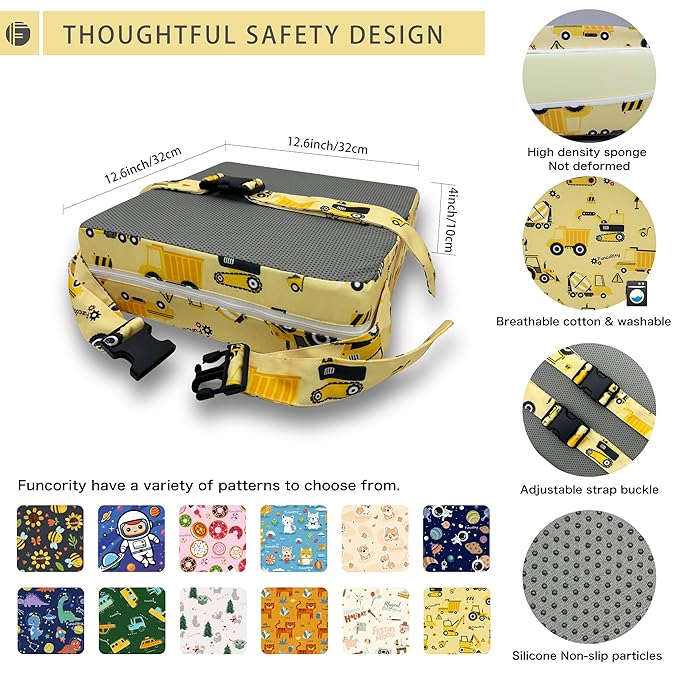 Toddler Booster Seat for Dining Table, Portable Booster Seat for Kitchen Chair, 4 Inch High-Density Foam Cushion with Adjustable Safety Straps and Non-Slip Bottom, Perfect for Kids Travel and Daily