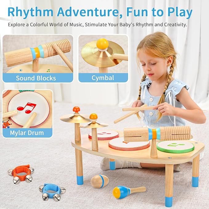 WINYGZ Toddler Drum Set – 11 in 1 Kids Musical Instruments with Resonant Drums, Cymbals, Maracas, Wrist Bells & More, Wooden Montessori Music Table for Ages 1-6