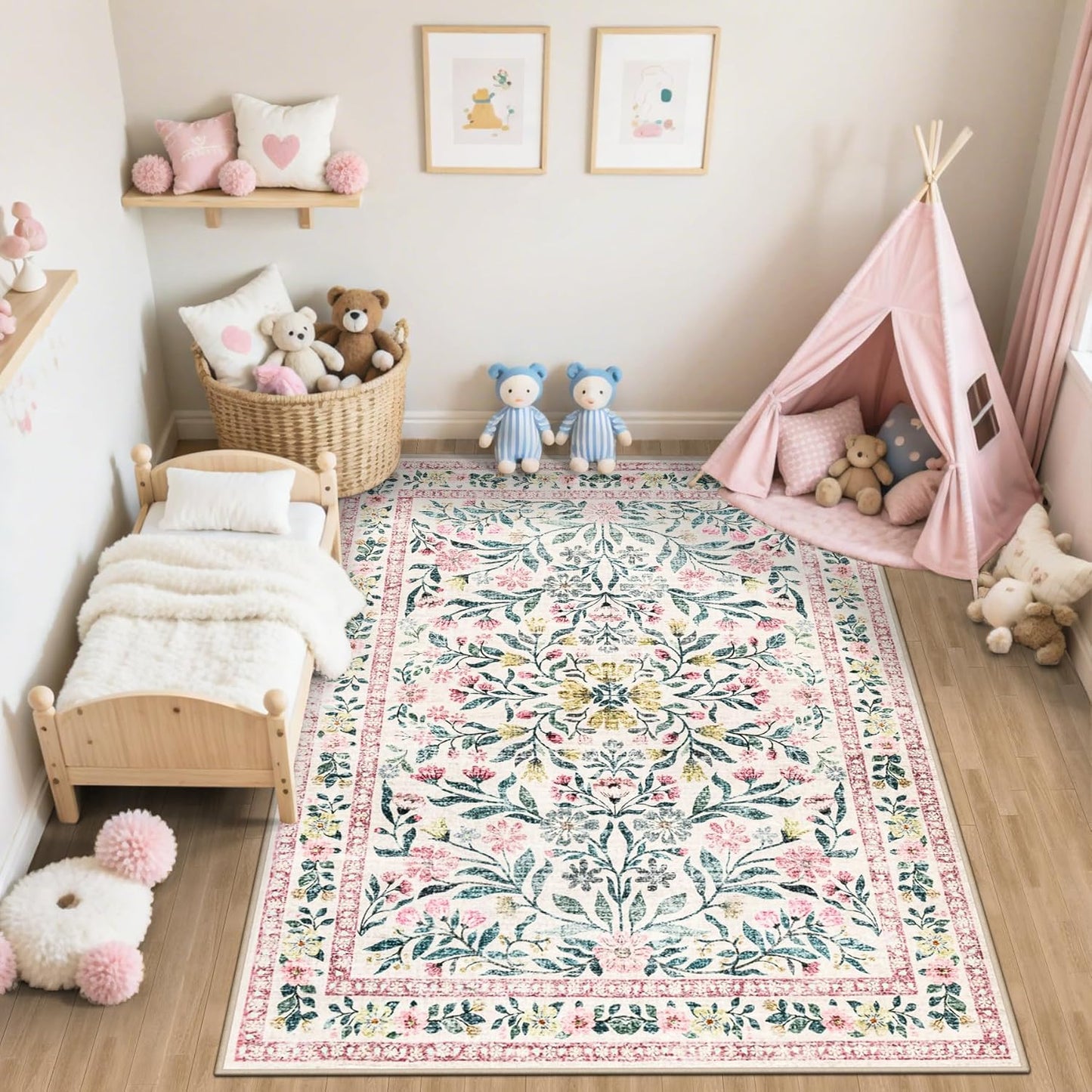 6x9 Area Rugs for Living Room: Floral Washable Rug Vintage Large Soft Boho Non-Slip Carpet Indoor Stain Resistant Thin Carpets for Bedroom Dining Room Farmhouse Nursery Hallway Home Office Pink Green