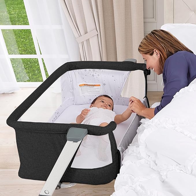 Evolur Stellar Bassinet & Bedside Sleeper – Adjustable Height Bedside Crib for Newborns, Breathable Mesh Sides, Portable Co-Sleeper, Easy To Fold and Travel, Carry Bag Included
