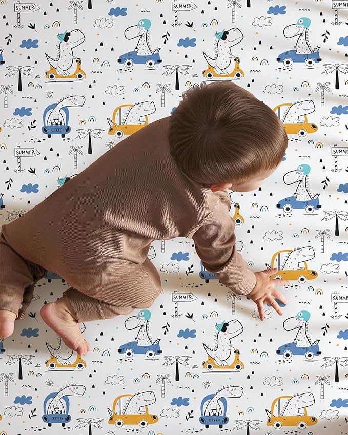 Pack and Play Sheets Fitted 3 Pack, Mini Crib Sheets for Pack N Play Mattress Stretchy Portable Playard Sheets, Soft Breathable Grey & Blue Car