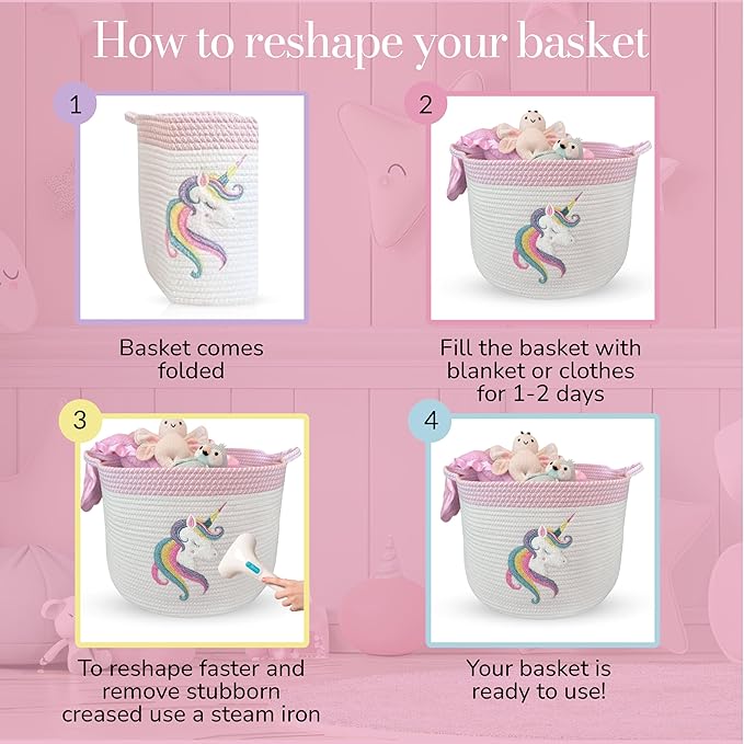 Unicorn Storage Basket for Nursery – Large 15”x11” Cotton Rope Bin with Soft Felt Animal Patch – Toy Organizer, Baby Laundry Hamper, Diaper & Towel Holder – Foldable, Washable & Baby-Safe