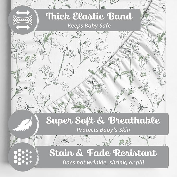Crib Sheets Neutral - Fitted Baby Crib Sheets Bed for Girl Boy - 2 Pack Standard & Toddler Mattress (Butterfly Garden) - Buttery Soft Organic Cotton Blend