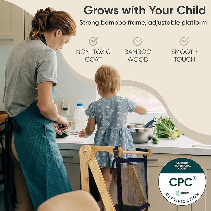 SK Designs Foldable Toddler Tower with Cup Holder - Kitchen Learning Stool Helper, Montessori Kids Standing Tower for Counter, Collapsible, Adjustable Baby Step Stool with Safety Net for Bathroom Sink