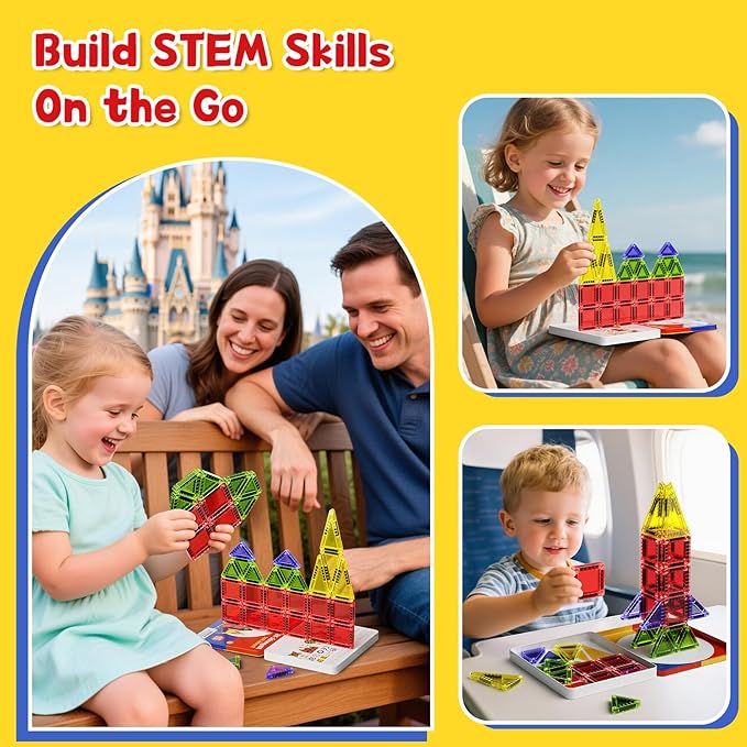 Magnetic Tiles Travel Toys with Storage Case, Portable STEM Building Blocks for 3-8 Year Olds, Toddler Airplane Activities & On-The-Go Birthday Gift for Boys & Girls