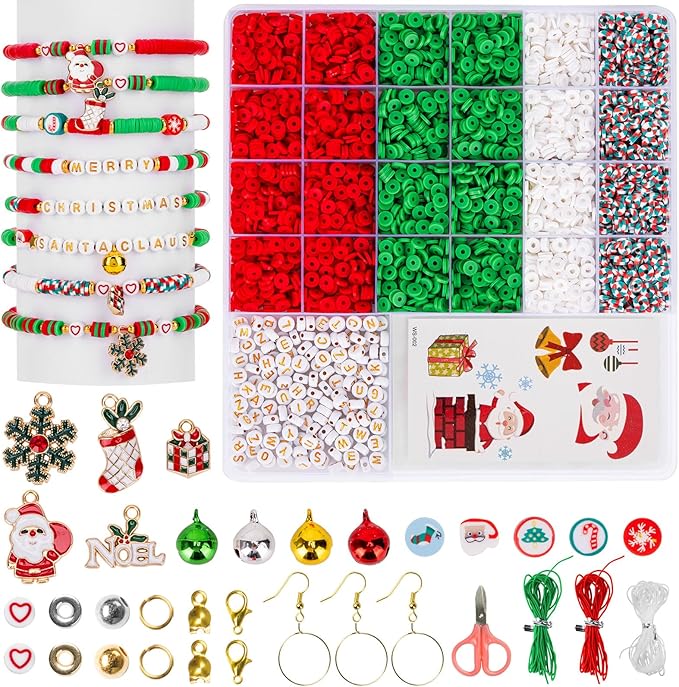 Goldwise Christmas Friendship Bracelet Kit-Christmas Clay Beads and White Letter Beads (A-Z) for Jewelry Making,Varieties of Charms for Bracelets, DIY Gifts