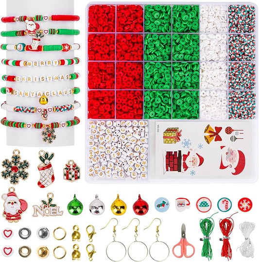 Goldwise Christmas Friendship Bracelet Kit-Christmas Clay Beads and White Letter Beads (A-Z) for Jewelry Making,Varieties of Charms for Bracelets, DIY Gifts