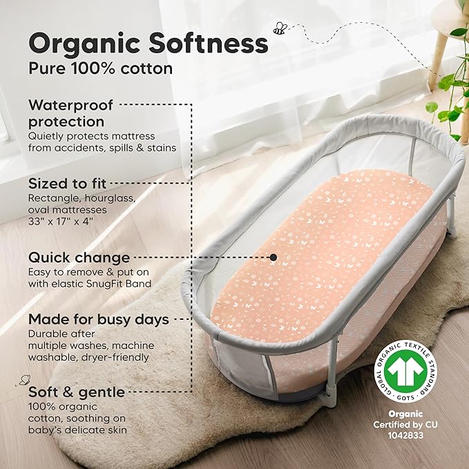 2-pk Waterproof Bassinet Sheets Girls, Boys, Cotton - 33x17 Universal Bassinet Mattress Pad Protector Cover, Compatible with Graco,Baby Delight,Chicco,Halo Bassinest Swivel Sleeper Fitted(Butterflies)