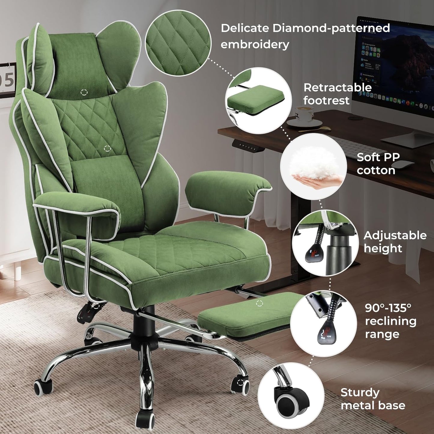 COMHOMA Big and Tall Office Chair, High Back Leather Gaming Chair with Footrest, Executive Ergonomic Office Chair with Pocket Spring Lumbar Support and with Outward Fixed Soft Armrests